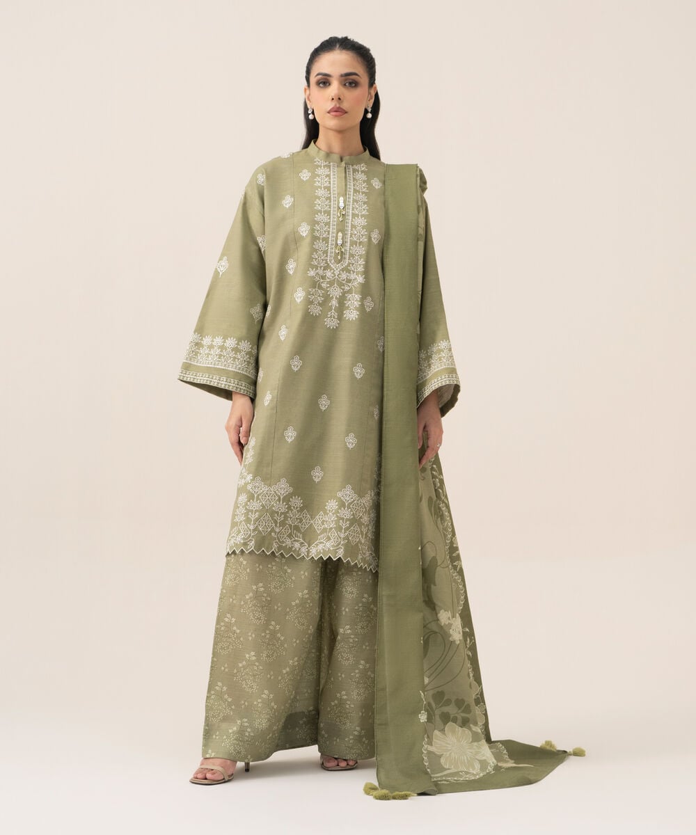 Women's Unstitched Premium Khaddar Embroidered Light Green 3 Piece Suit