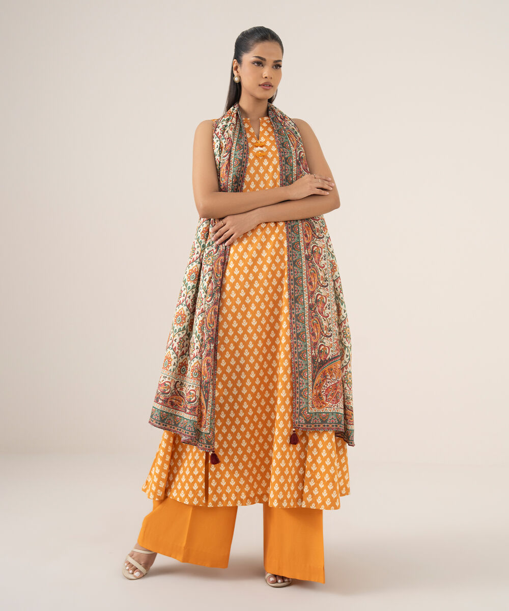 Women's Unstitched Cotton Printed Orange Three Piece Suit
