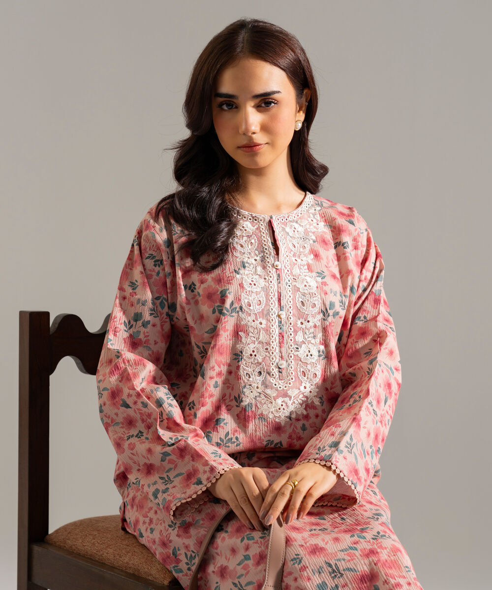 Women's RTW Seersucker Embroidered Pink 2 Piece Suit