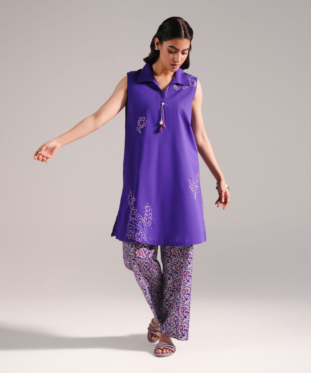 Women's RTW Crosshatch Embroidered Purple Straight Shirt