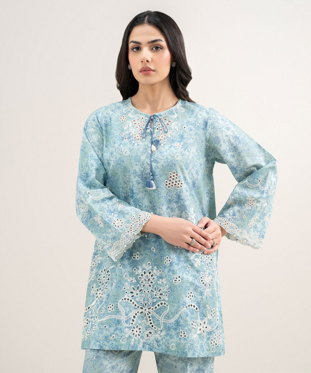 Women's RTW Zari Cotton Embroidered Blue Straight Shirt