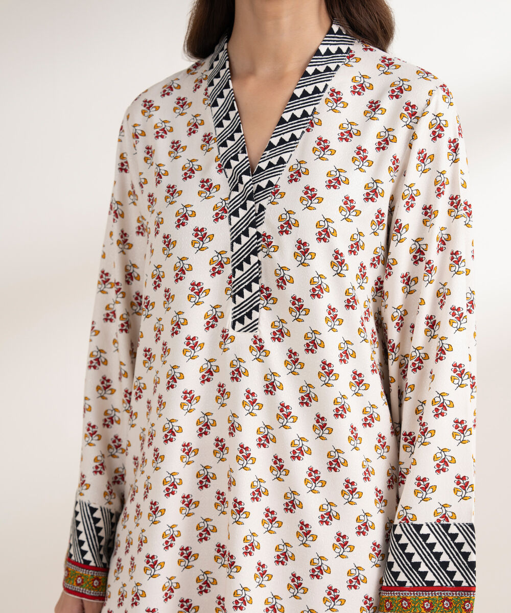 Women's RTW Arabic Dobby Printed Straight Off White Shirt