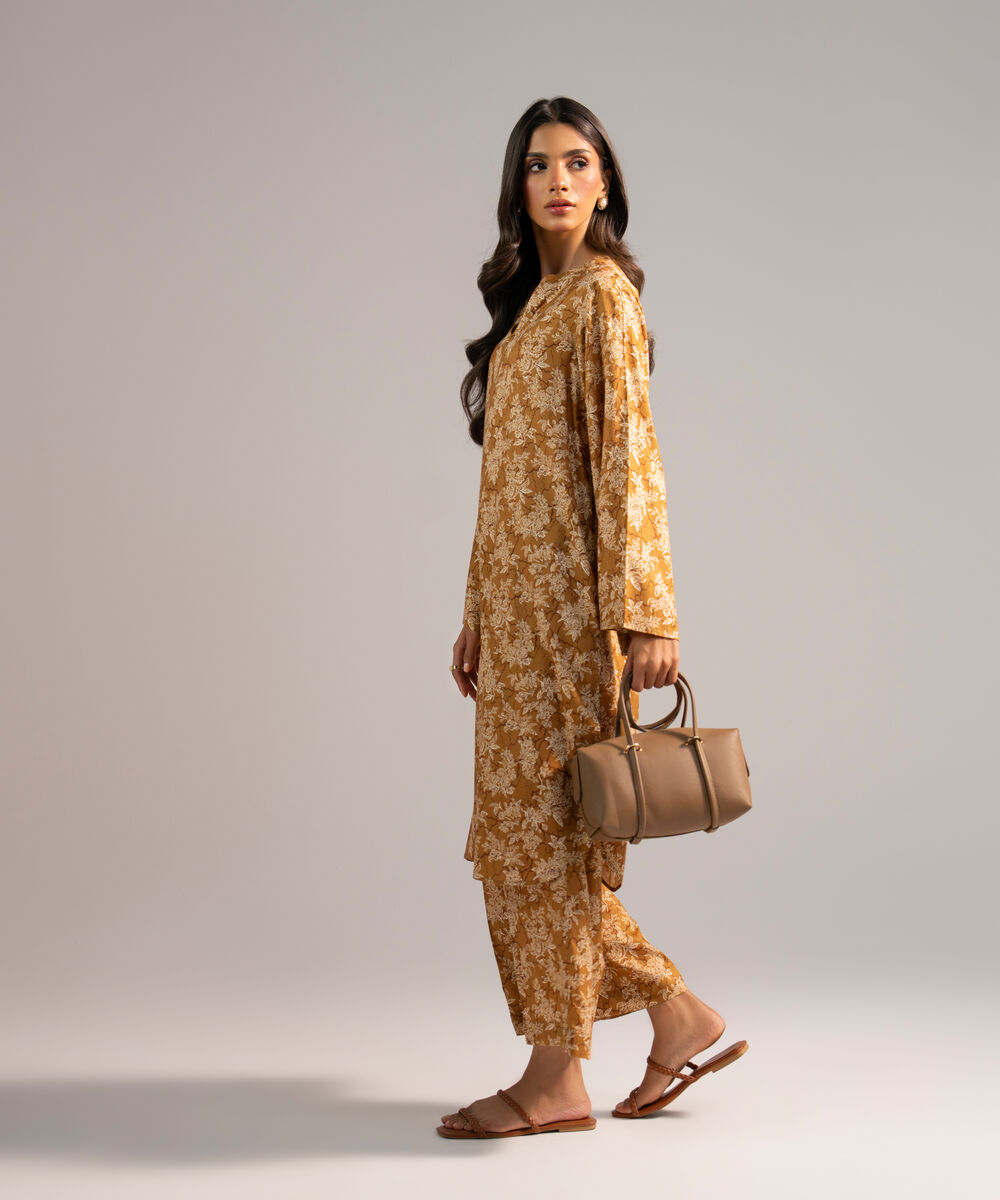 Women's RTW Arabic Lawn Printed Brown 2 Piece Suit