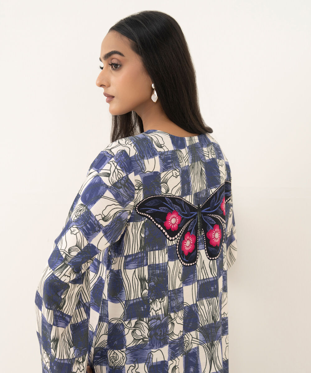 Women's RTW Herringbone Embroidered Blue Straight Shirt