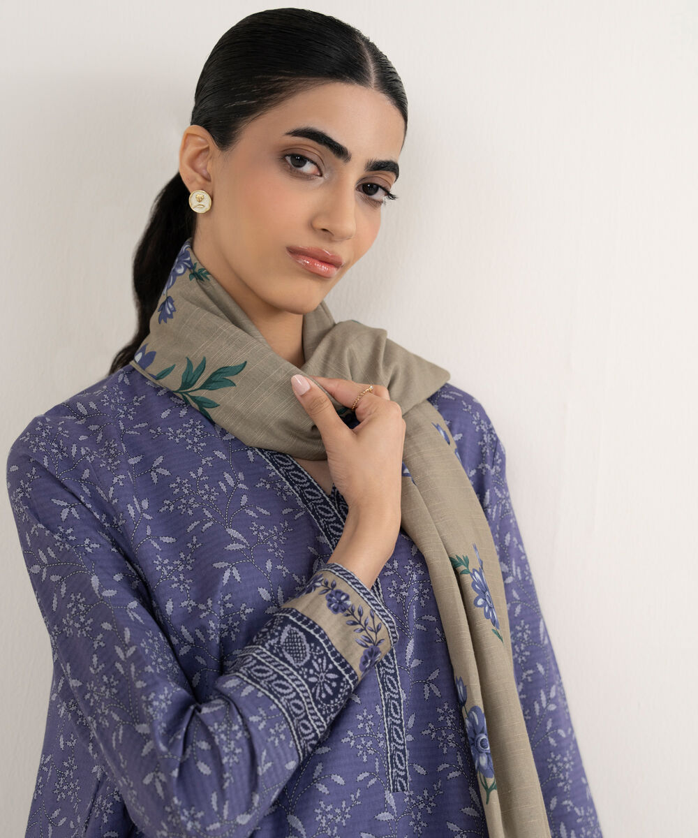 Women's Unstitched Printed Dobby Blue 3 Piece Suit