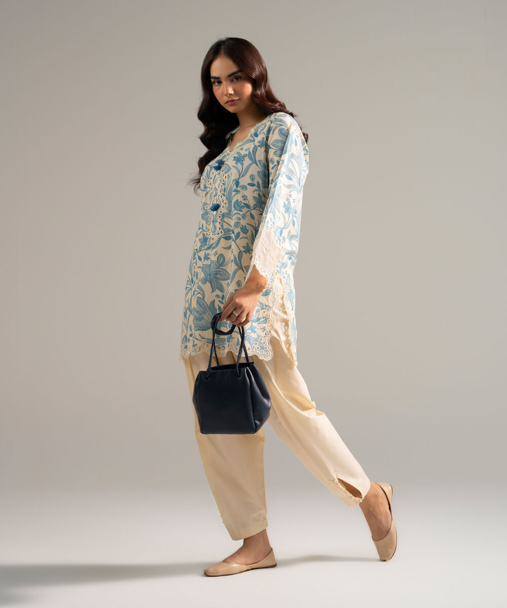 Women's RTW Slub Lawn Embroidered Off White 2 Piece Suit