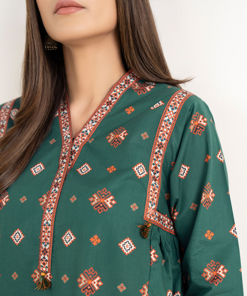 Women's RTW Cambric Green Printed A-Line Shirt