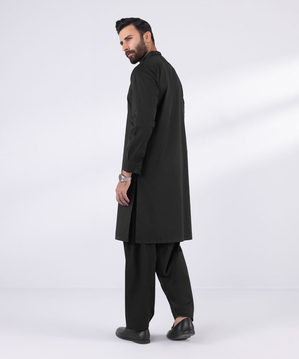 Men's 100% Cotton Stitched Plain Black Stitched Suit