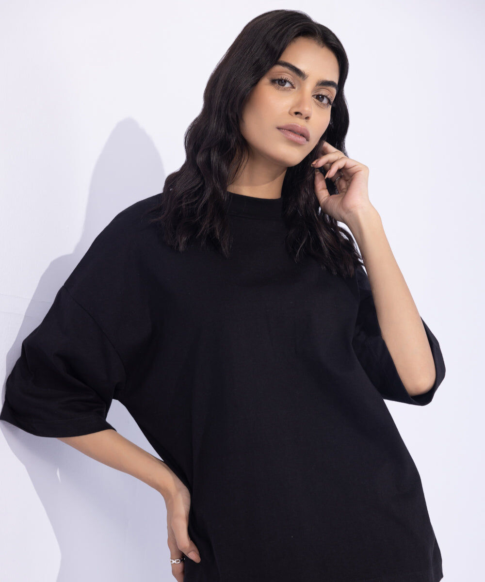Woman - Black T-Shirt with Raised Neck