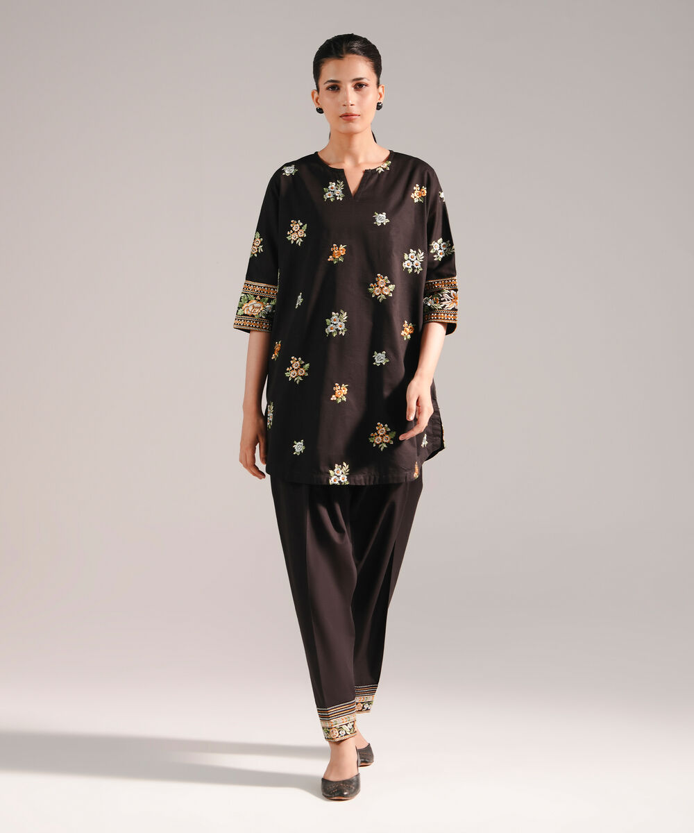 Women's RTW Slub Lawn Embroidered Black 2 Piece Suit