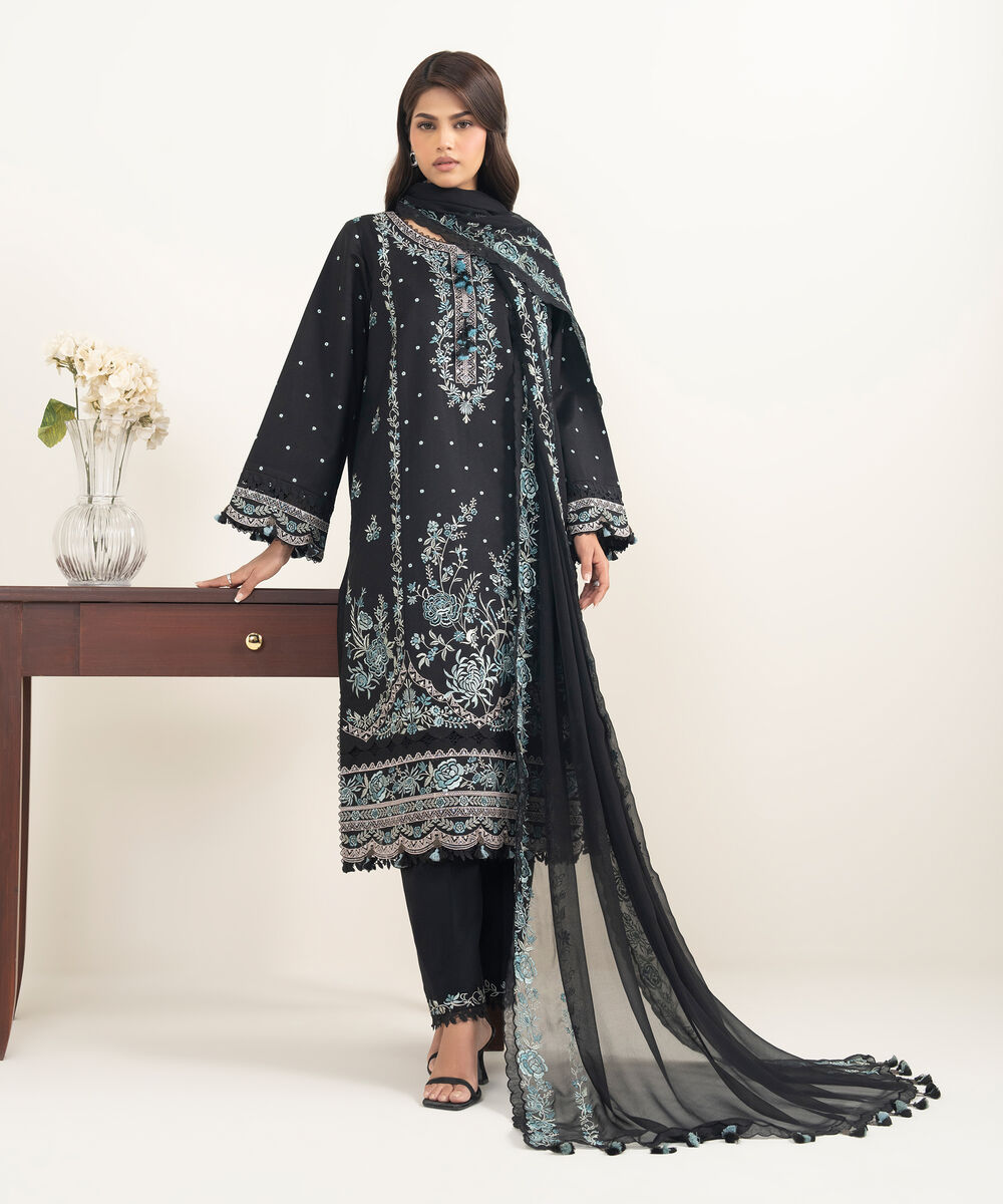 Women's Unstitched Cotton Net Embroidered Black 3 Piece Suit
