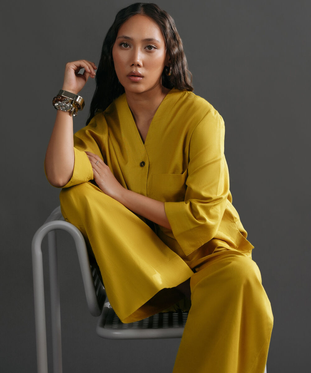 Women's Western Wear Mustard V-Neck Linen Blend Shirt