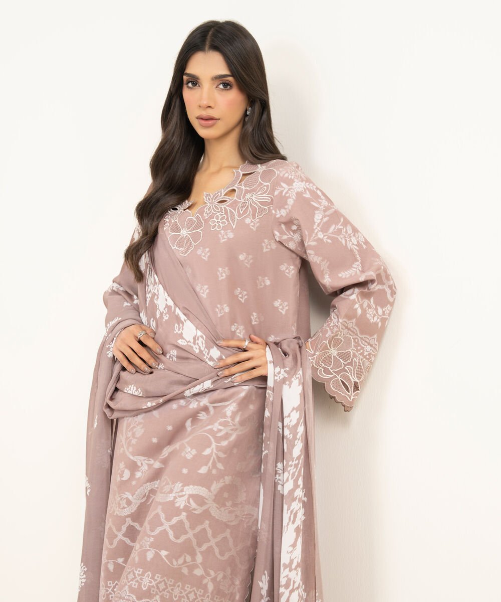 Women's Unstitched Extra Weft Jacquard Embroidered Beige 3 Piece Suit