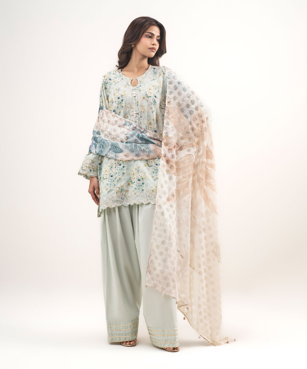Women's RTW Zari Lawn Embroidered Green 3 Piece Suit