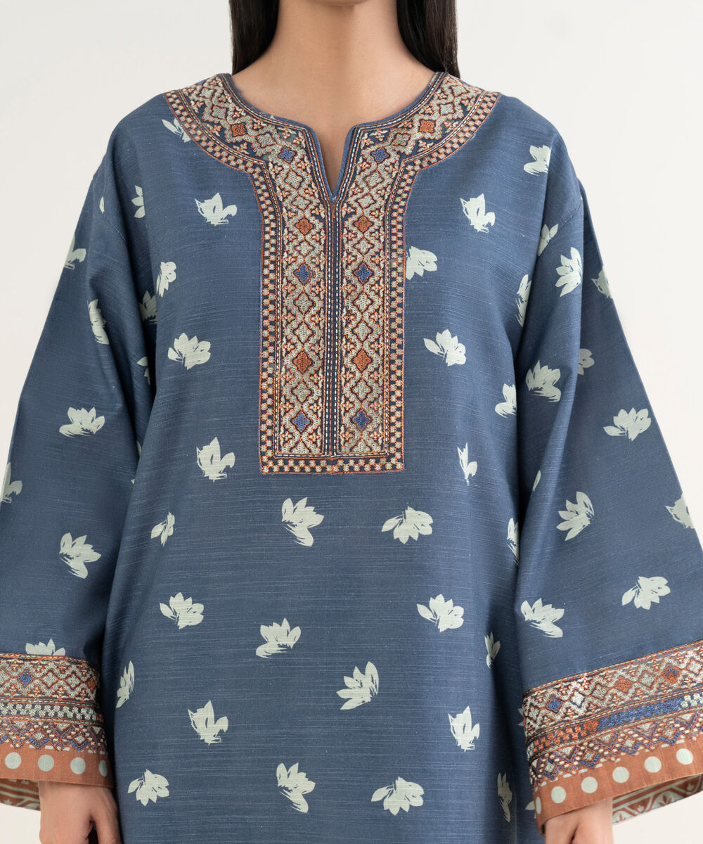 Women's Unstitched Printed Khaddar Blue and Off White 3 Piece Suit