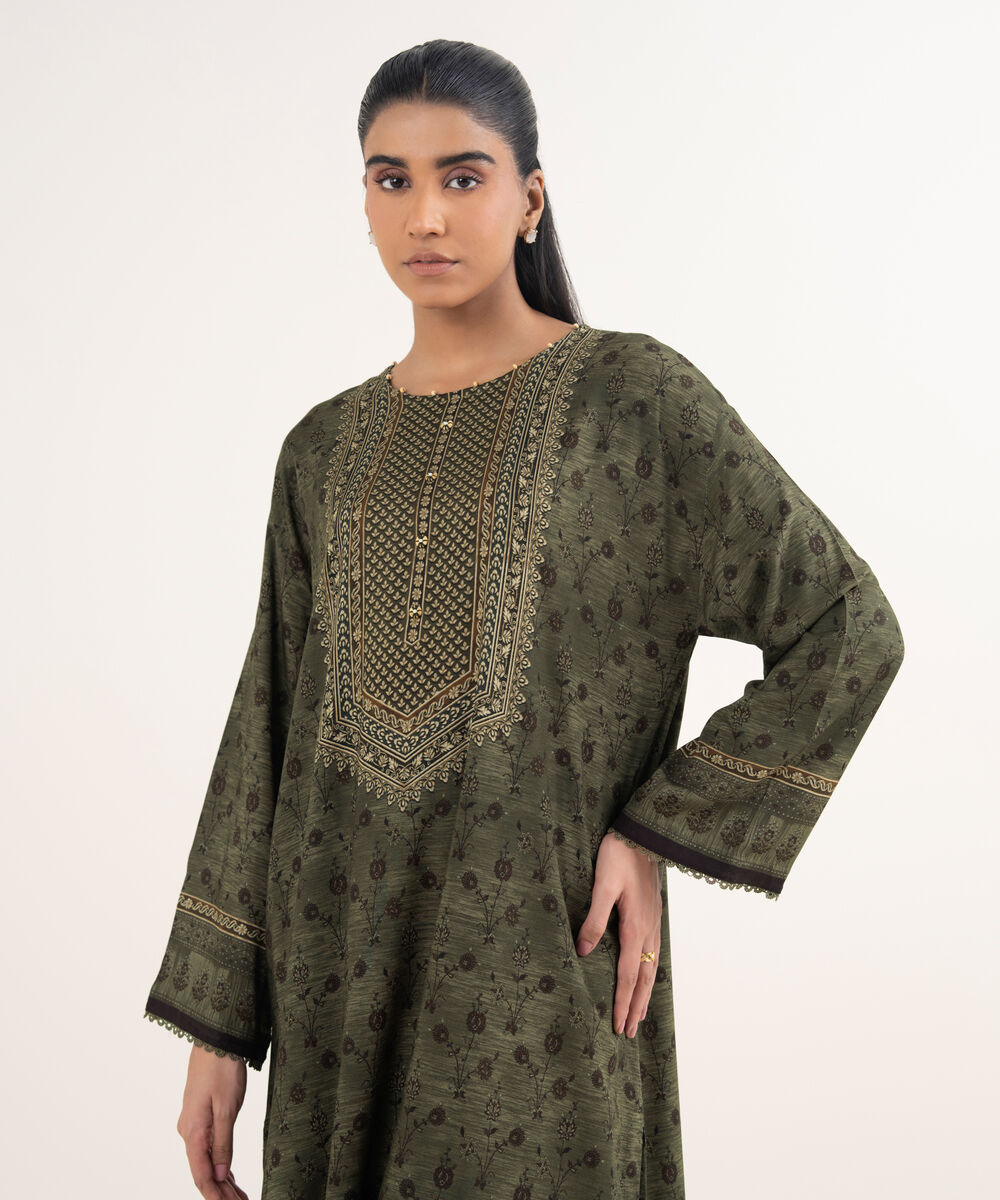 Women's RTW Viscose Linen Printed Green Drop Shoulder Shirt