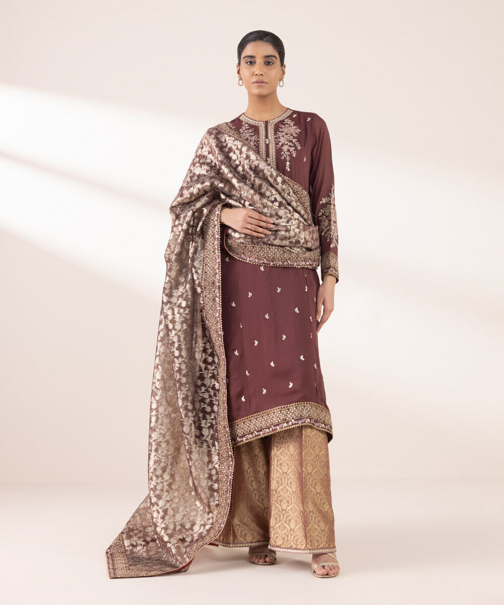 Women's RTW Georgette Chiffon Brown Embroidered Three Piece Suit