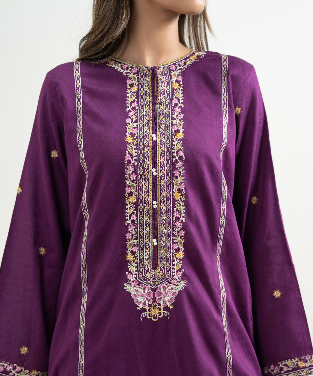 Women's RTW Self Jacquard Embroidered A-Line Purple Shirt