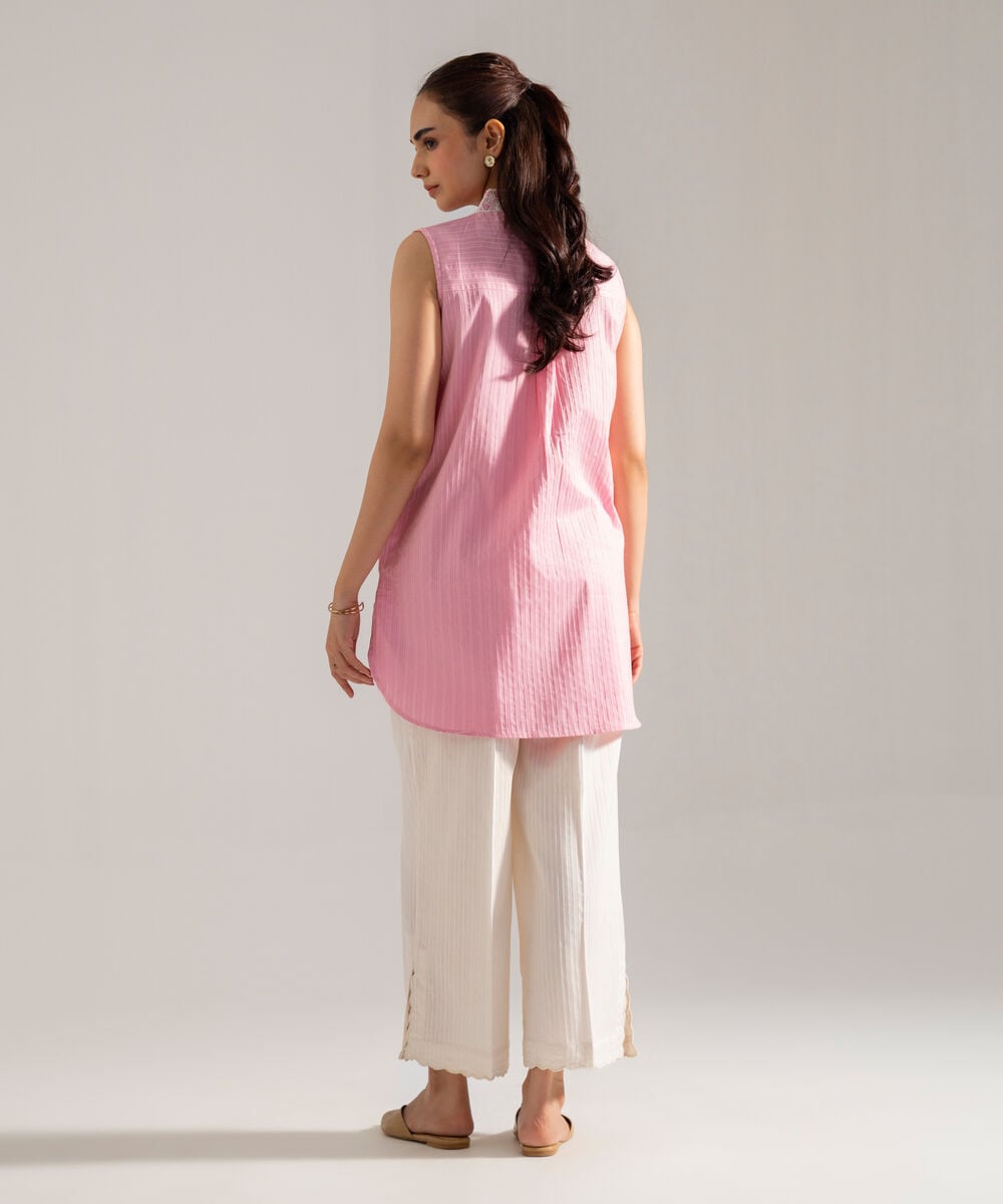 Women's RTW Dobby Strip Solid Pink 2 Piece Suit