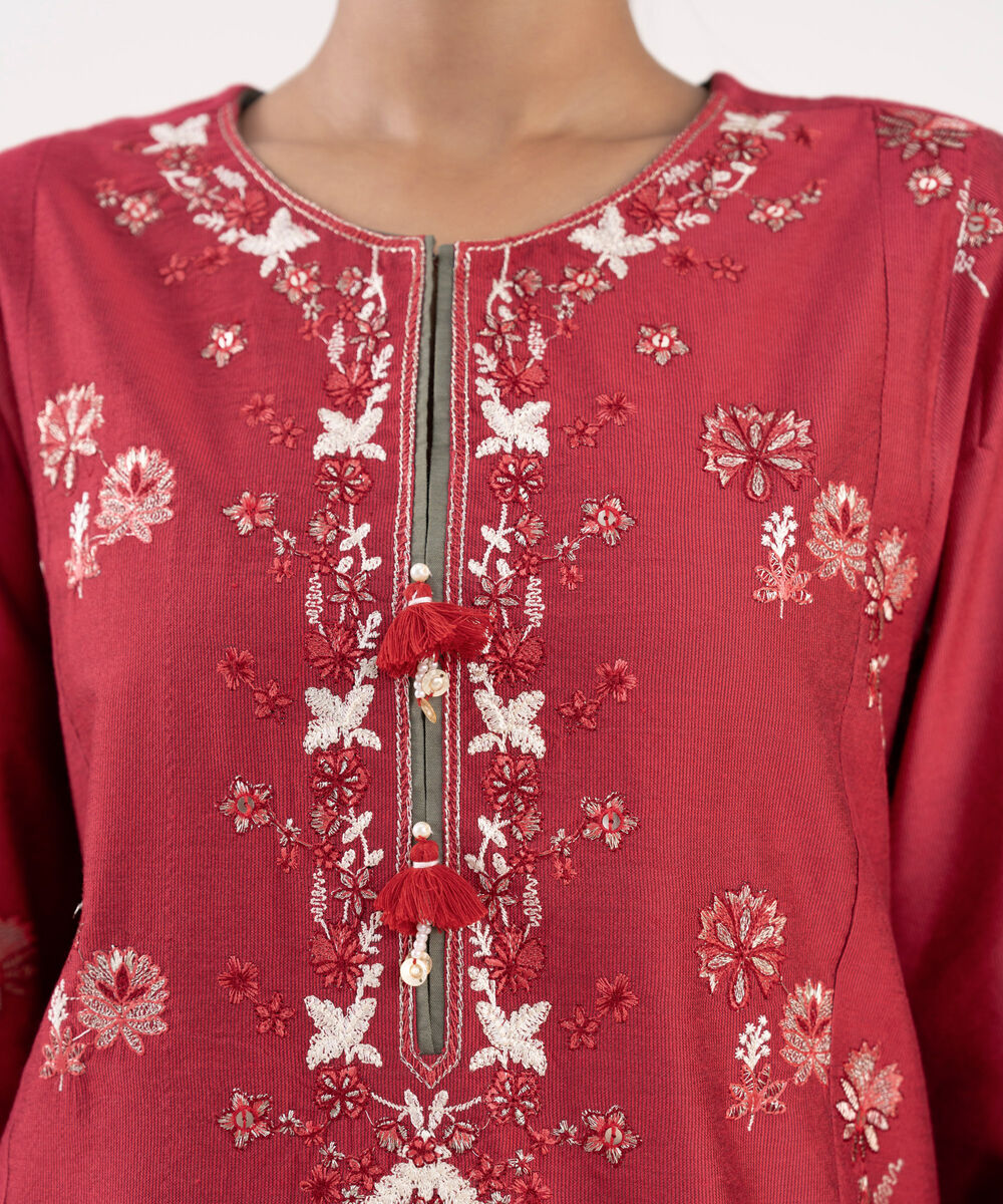 Women's RTW Silk Cotton Net Red Embroidered 2 Piece Suit