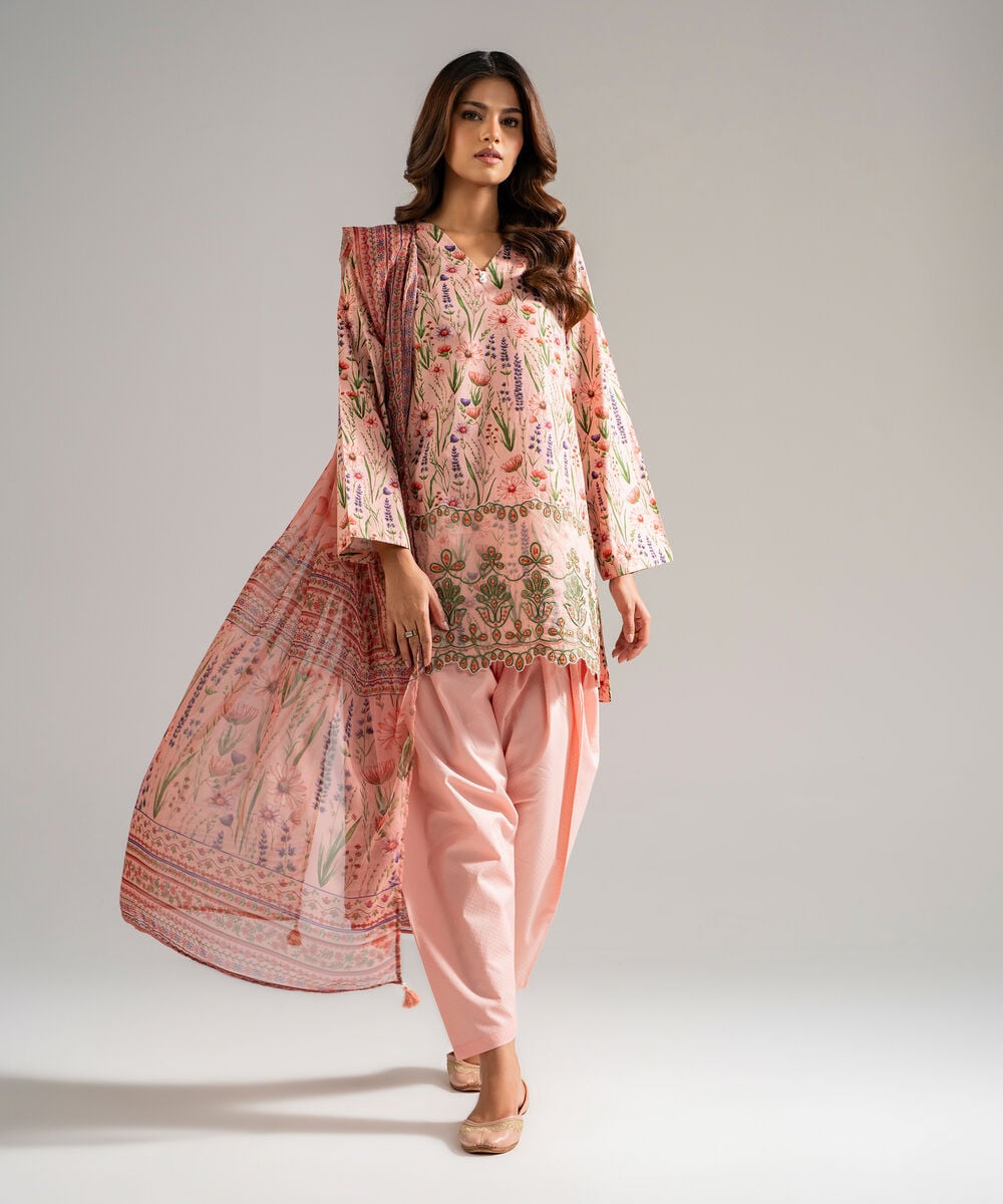 Women's RTW Dobby Embroidered Pink 3 Piece Suit