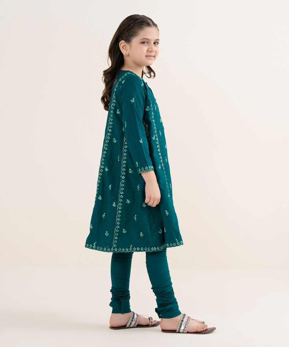 Girl's Cotton Jacquard Embroidered Teal 2 Piece Set