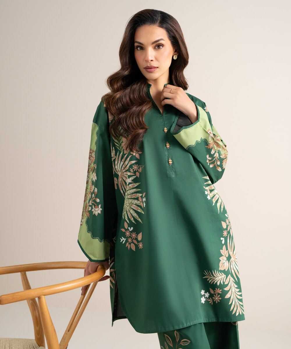 Women's Unstitched Lawn Printed Green  2 Piece Suit