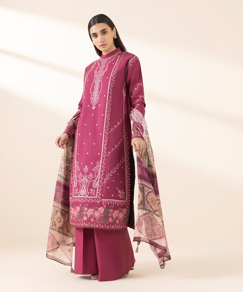 Women's Unstitched Embroidered Cotton Pink 3 Piece Suit
