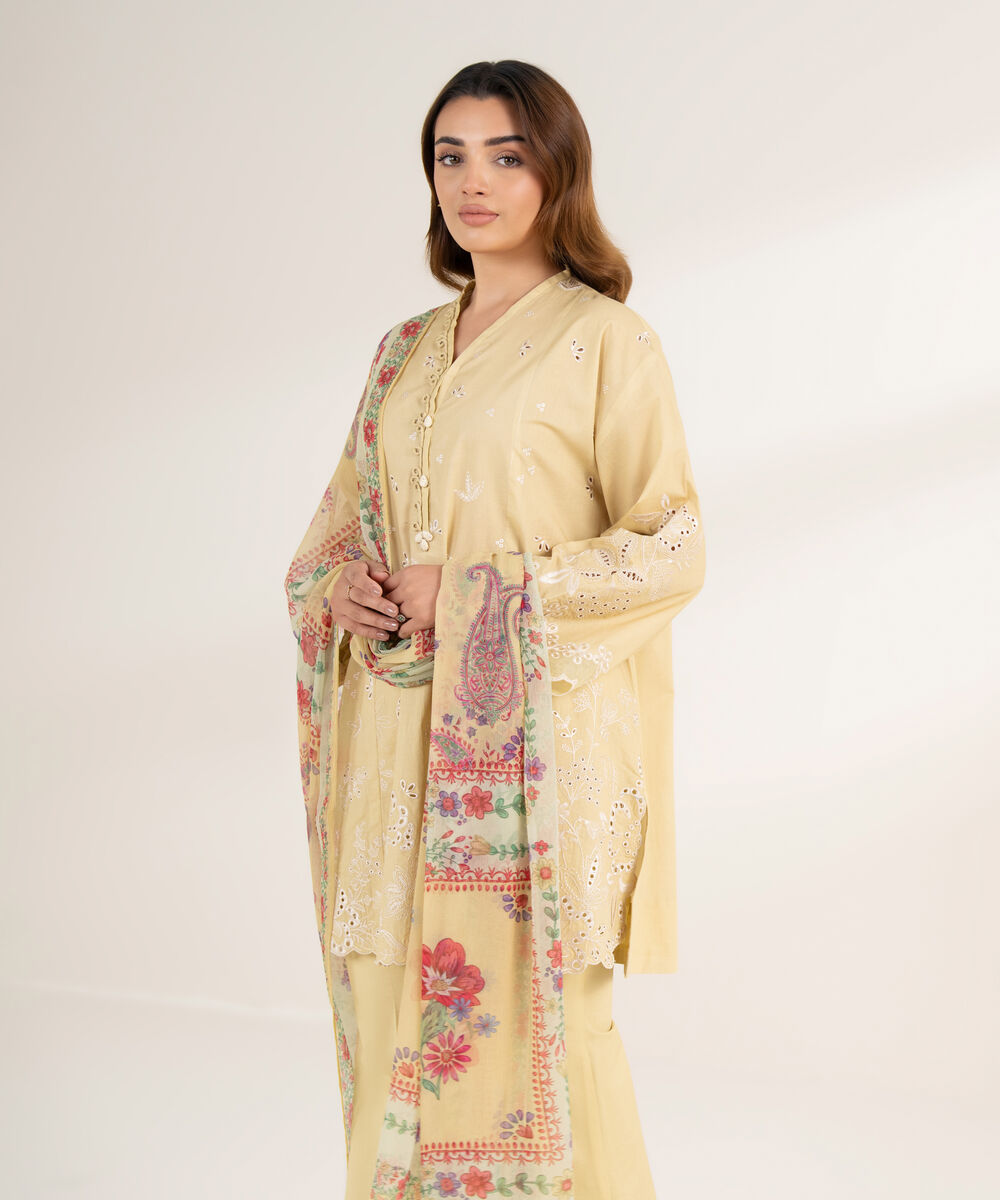 Women's Unstitched Cotton Embroidered Yellow 3 Piece Suit