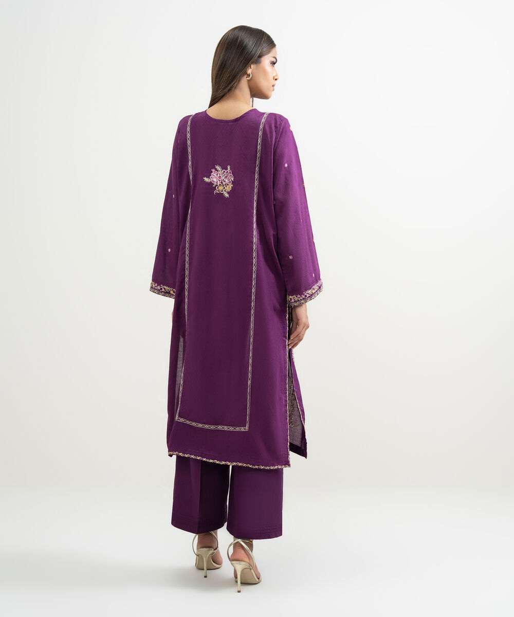 Women's RTW Self Jacquard Embroidered A-Line Purple Shirt