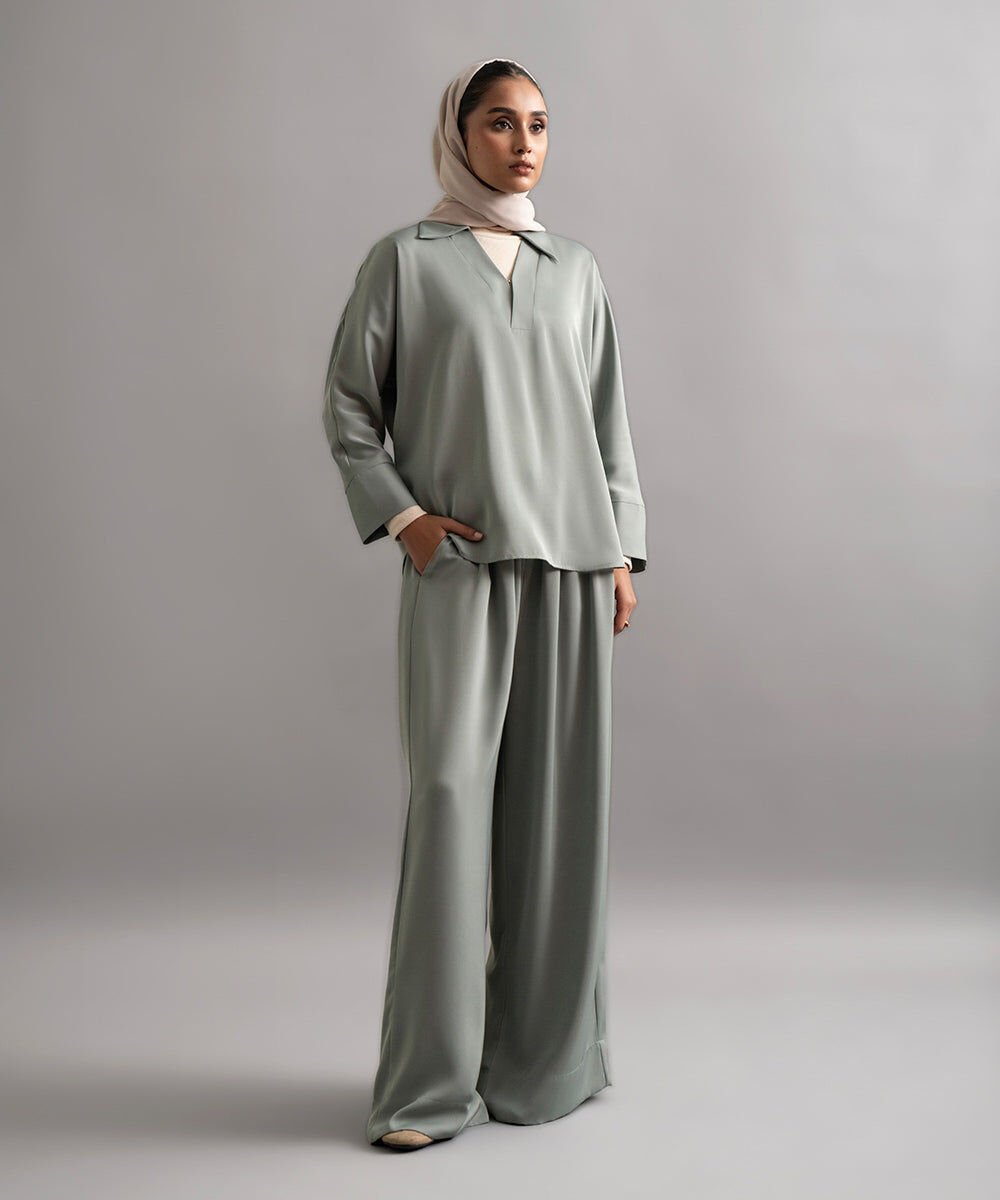 Flowy Wide Leg Trousers Woman - Green Flowy Wide Leg Trousers