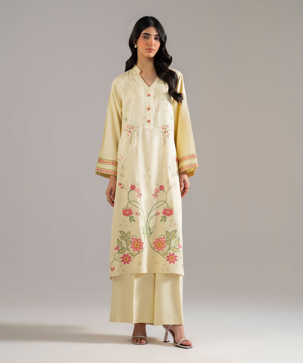 Women's RTW Bedford Solid Embroidered Off White Straight Shirt
