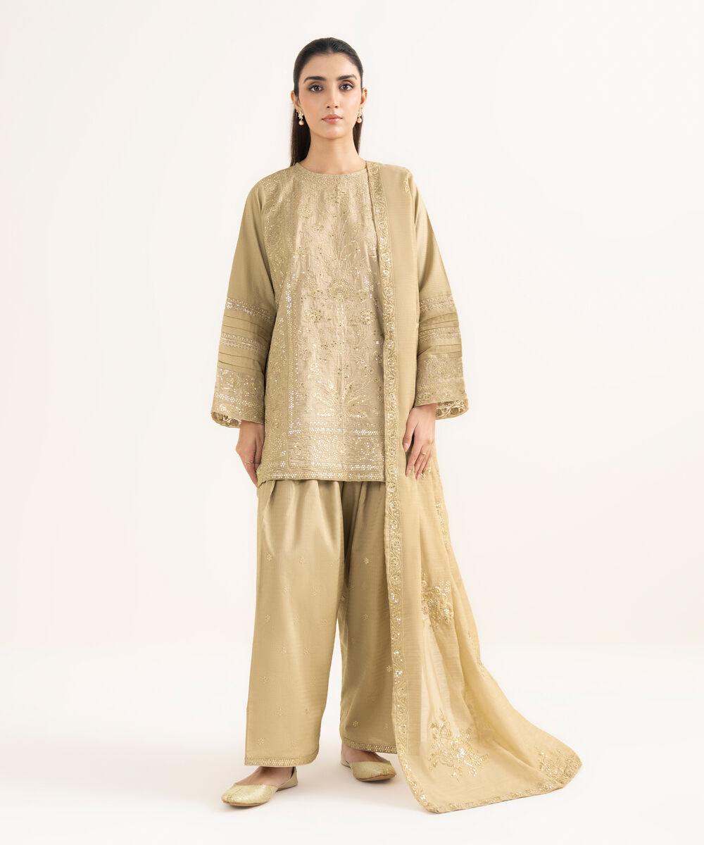 Women's RTW Dobby Embroidered Beige Straight Shirt