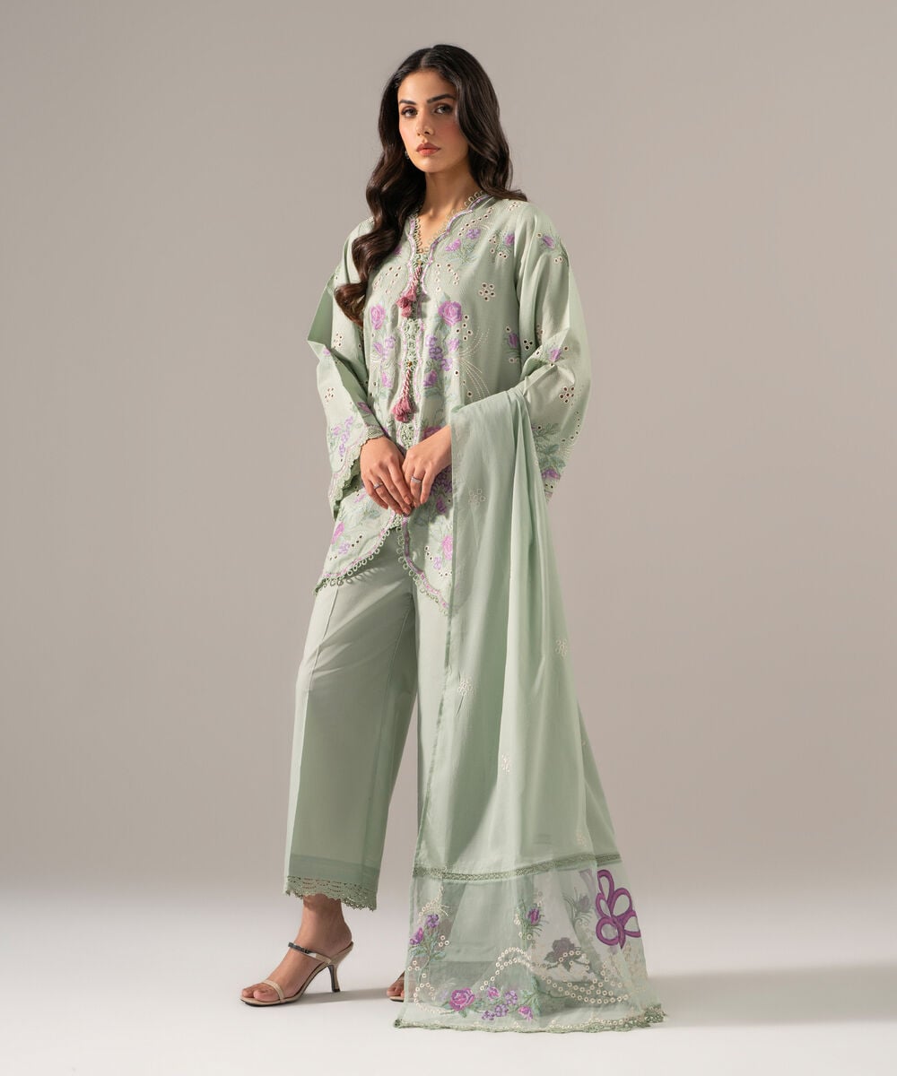 Women's RTW Dobby Solid Embroidered Green 3 Piece Suit