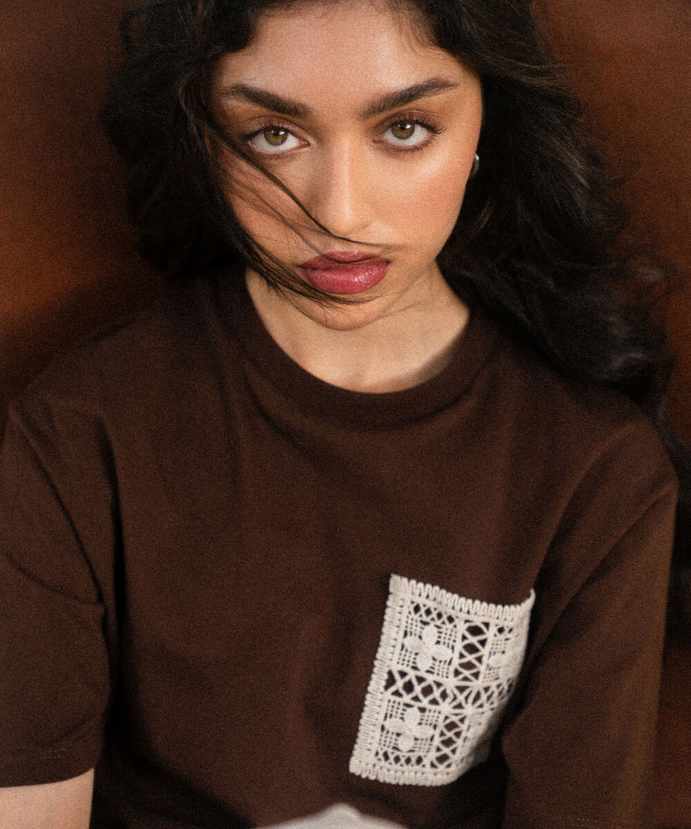 Women's Western Brown T-Shirt With Crochet Patch