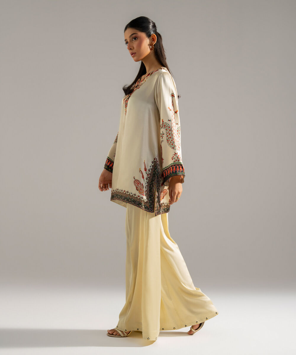 Women's RTW Blended Satin Printed Off White 2 Piece Suit