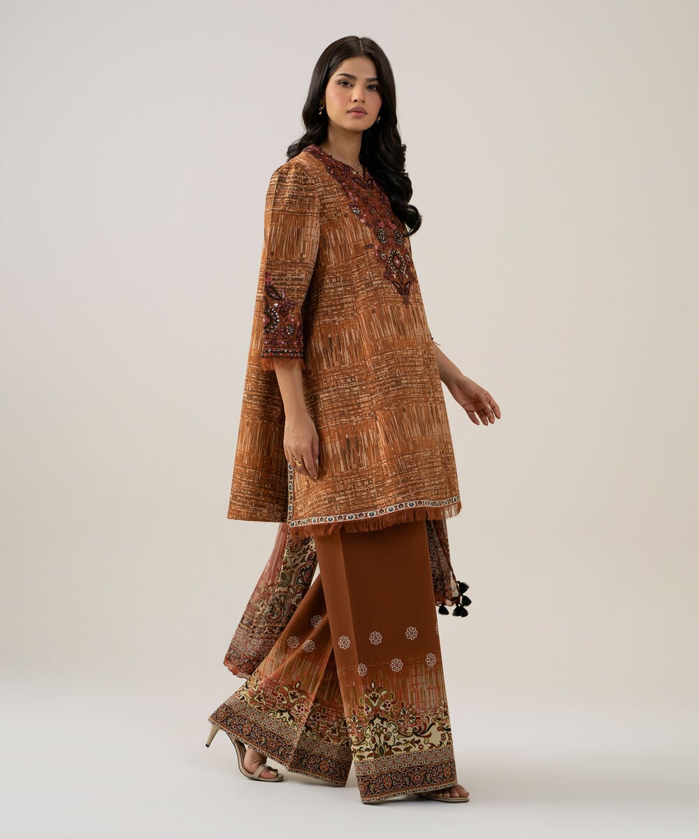 Women's Unstitched Blended Chiffon Printed Rust Brown 3 Piece Suit