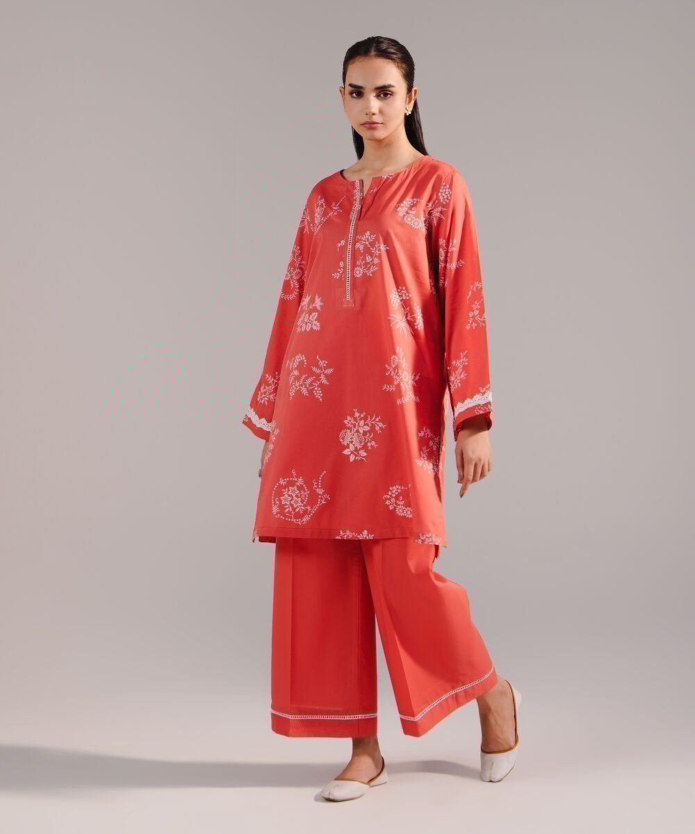 Women's RTW Lawn Printed Coral Straight Shirt