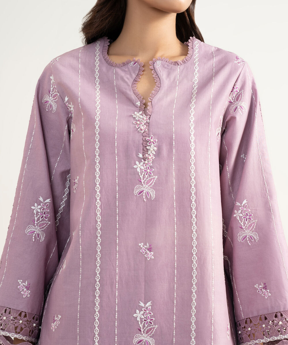 Women's Unstitched Textured Lawn Embroidered Purple 3 Piece Suit
