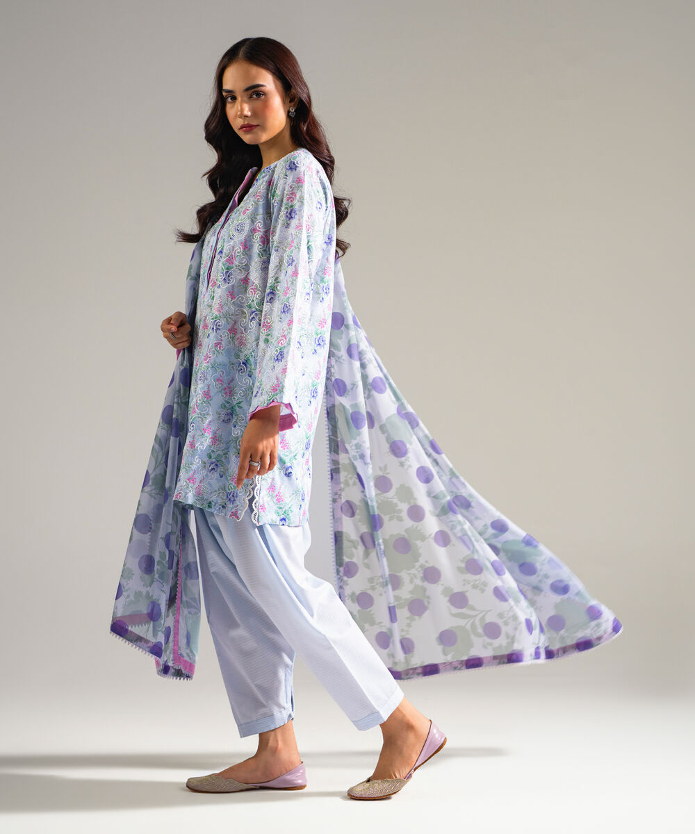 Women's RTW Dobby Embroidered Blue 3 Piece Suit