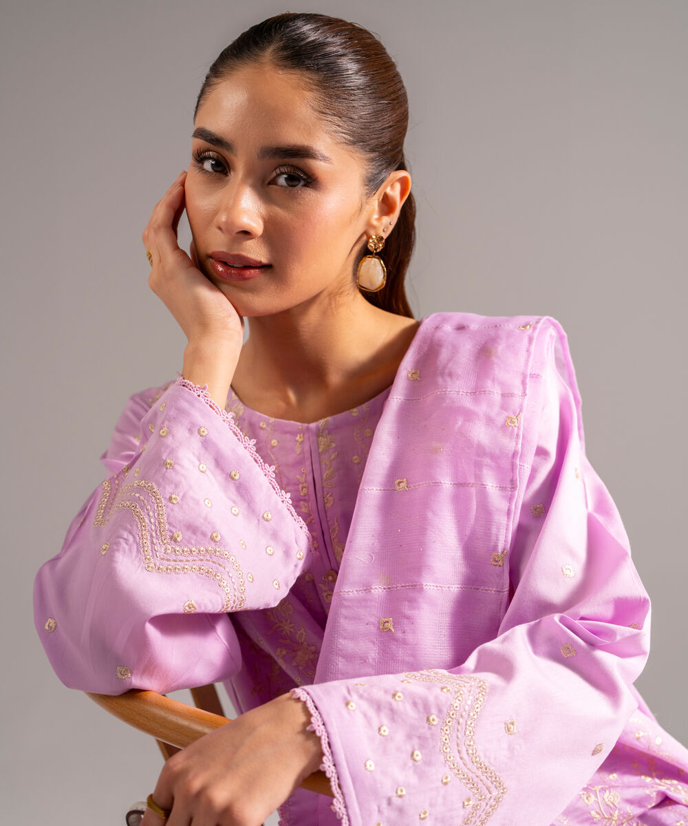 Women's RTW Cotton Satin Embroidered Lilac 3 Piece Suit