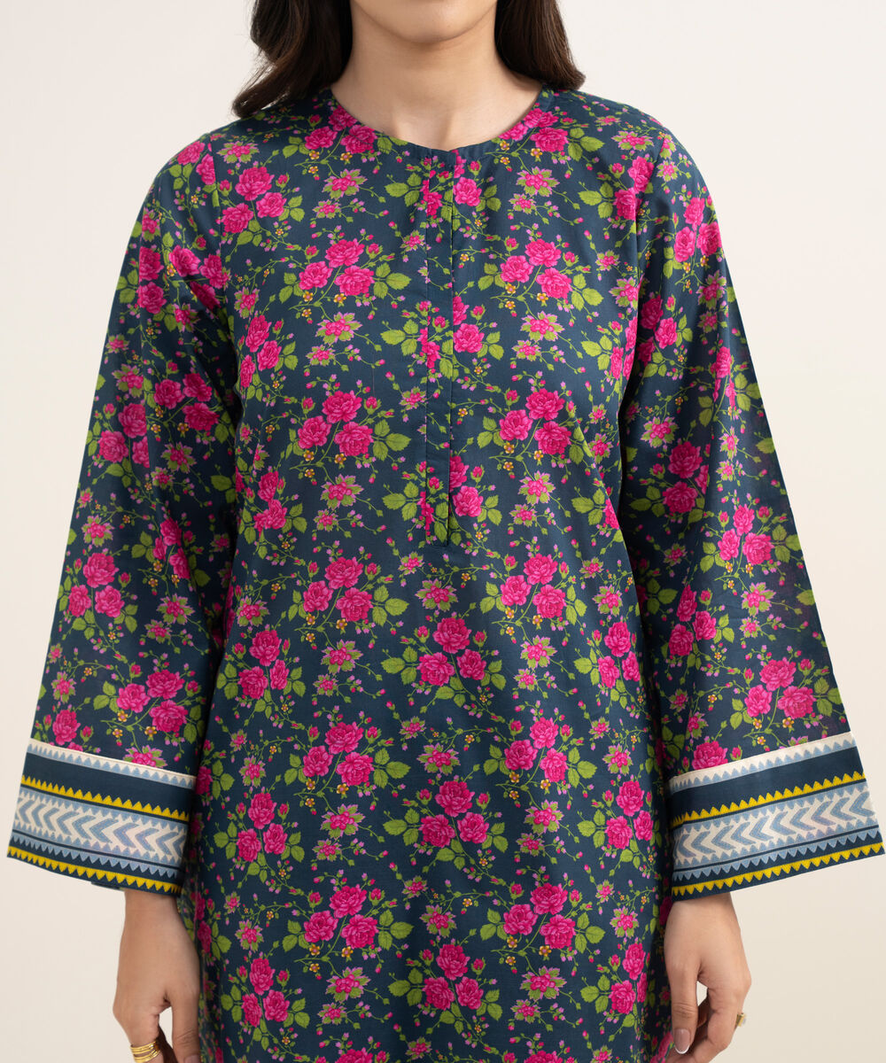 Women's RTW Slub Lawn Printed Dark Blue 3 Piece Suit