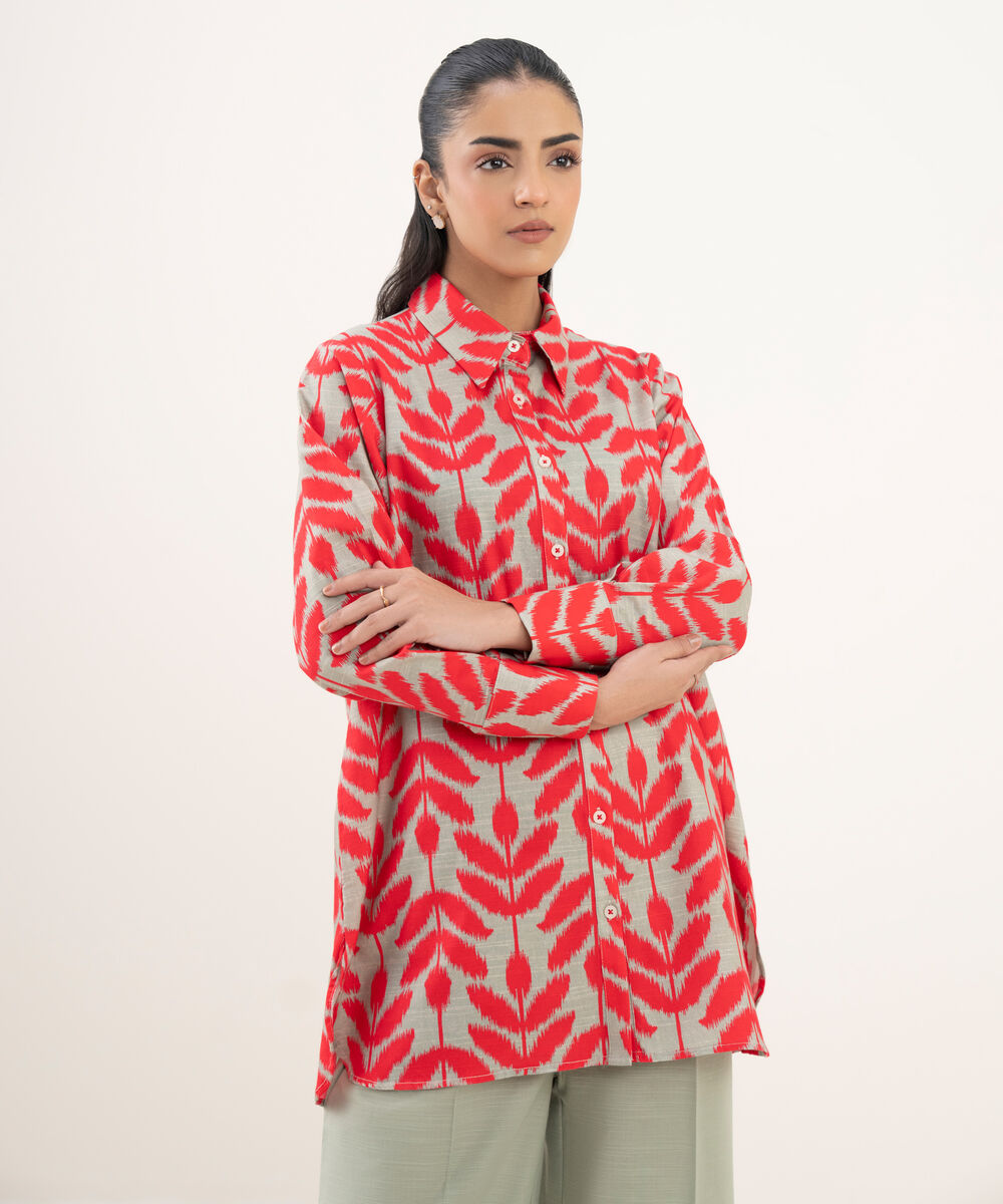 Women's RTW Light Khaddar Printed Button Down Grey Shirt