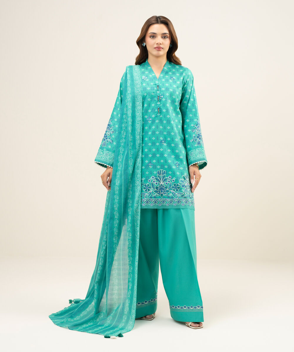 Women's Unstitched Lawn Embroidered Turquoise Green 3 Piece Suit