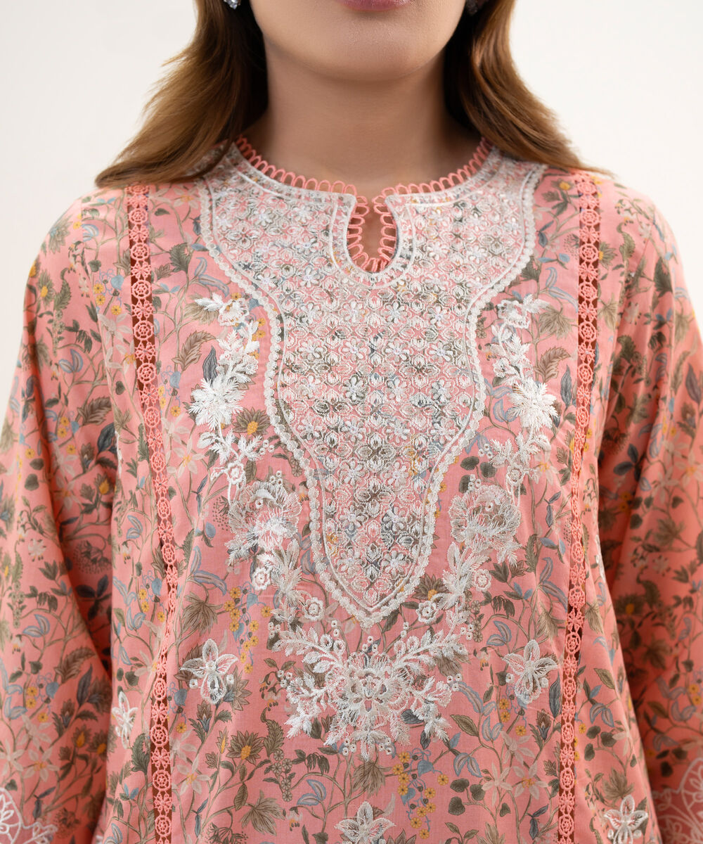 Women's RTW Lawn Embroidered Pink A-Line Shirt