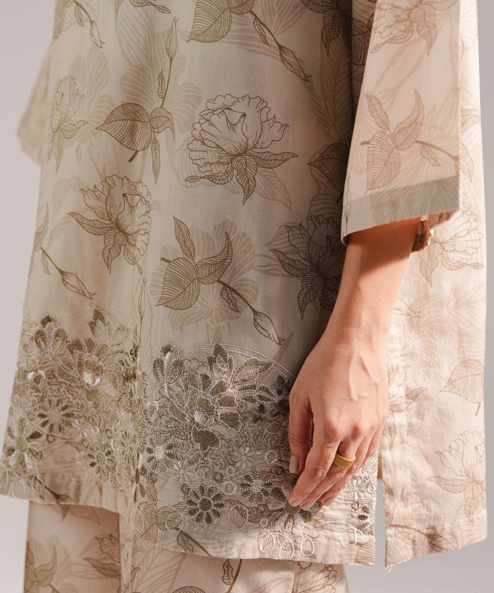 Women's RTW Lawn Embroidered Beige 2 Piece Suit