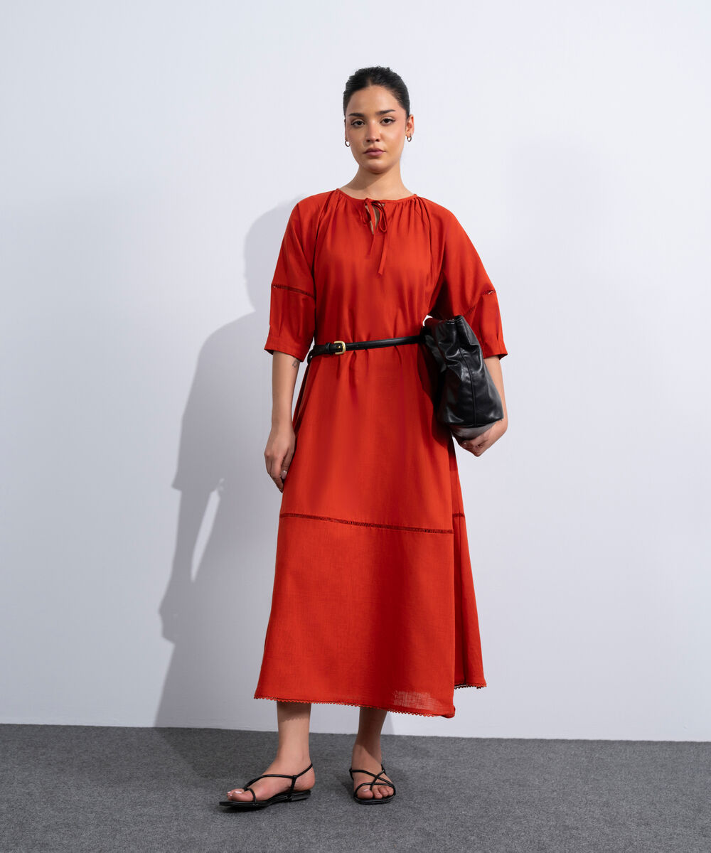 Women's Western Rust Orange Voluminous Maxi Dress
