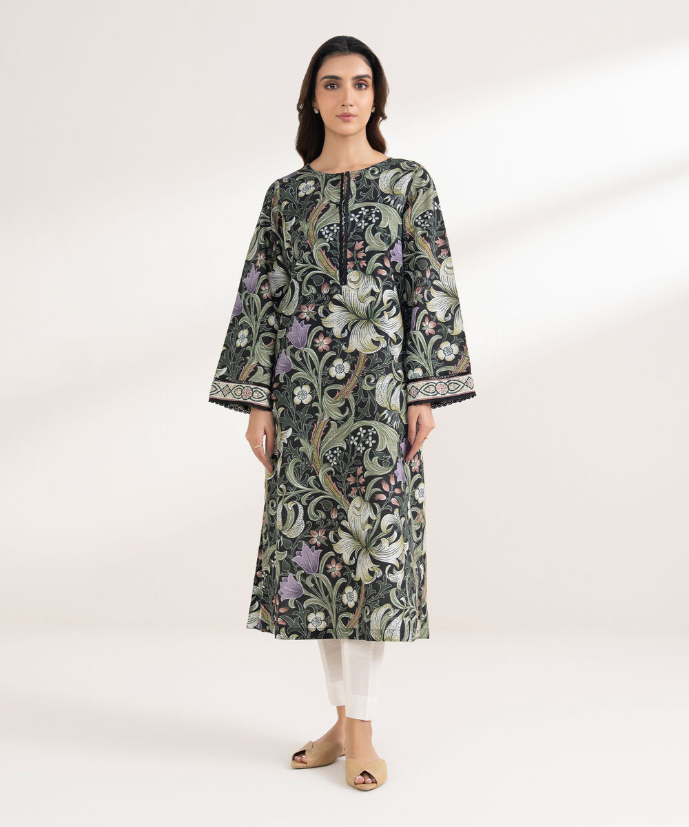 Women's RTW Khaddar Printed Straight Black Shirt