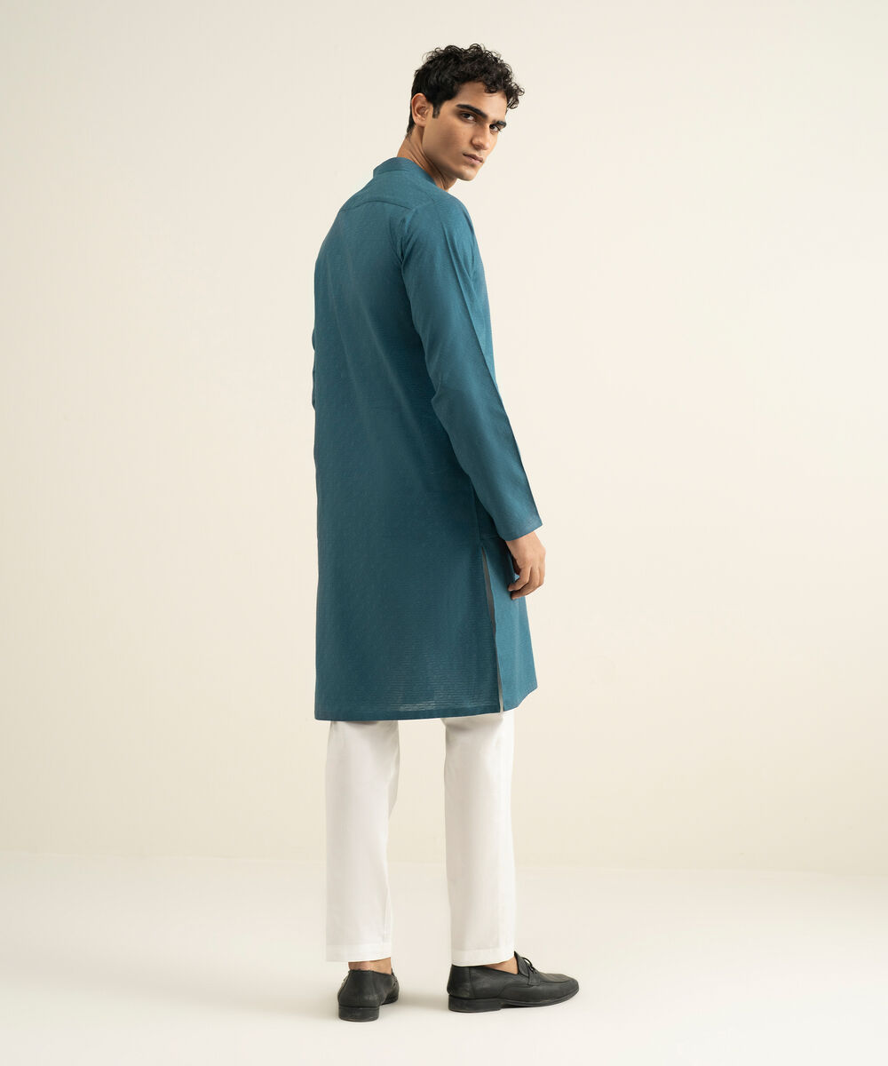 Men's teal Cotton Jacquard Kurta