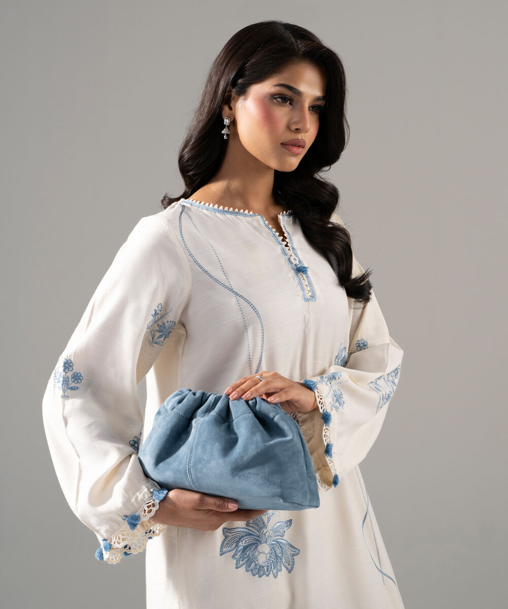 Women's RTW Raw Silk Solid Embroidered White 2 Piece Suit